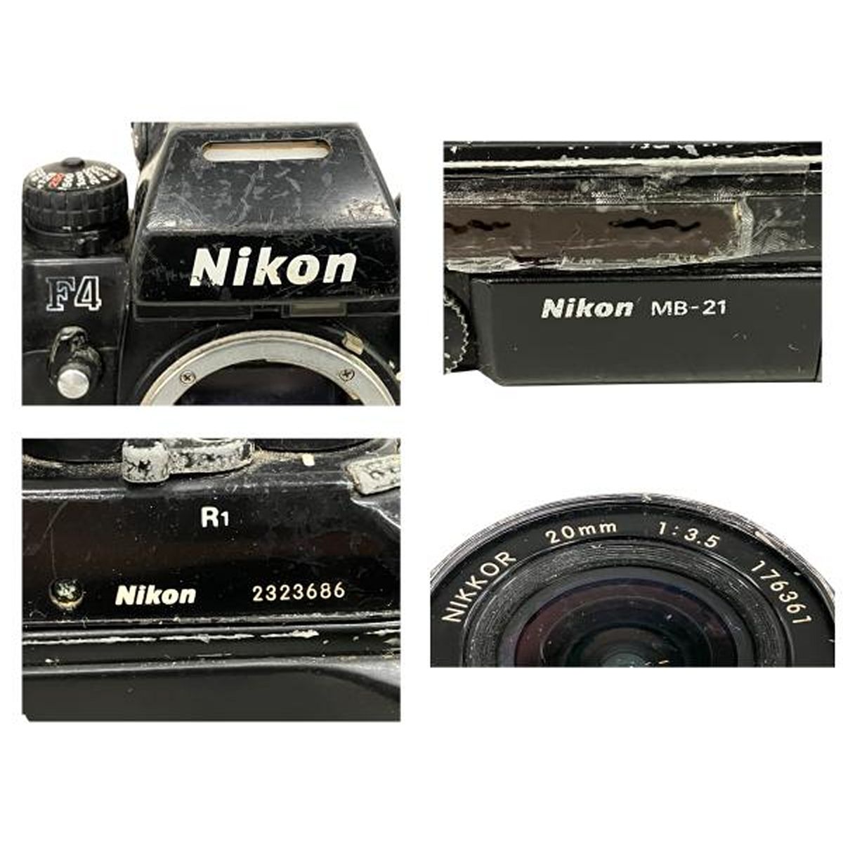 Nikon F 4 ボディ フィルム カメラ 一眼 レフ MB 21 電池 ボックス NIKKOR 20 mm 1 3 5 広角 一眼レフ用 レンズ付き ニコン 撮影