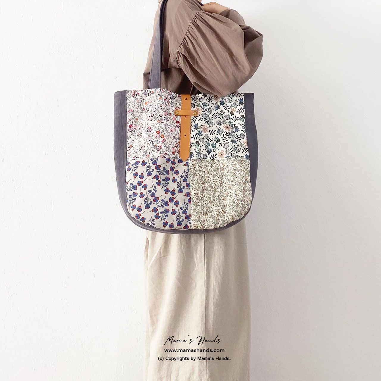 品質保証，限定SALE ⭐️4点売れました⭐️ おしゃれな リバティ パッチワーク 花柄 グレー ヌメ革 (中) 軽い トートバック トートバッグ