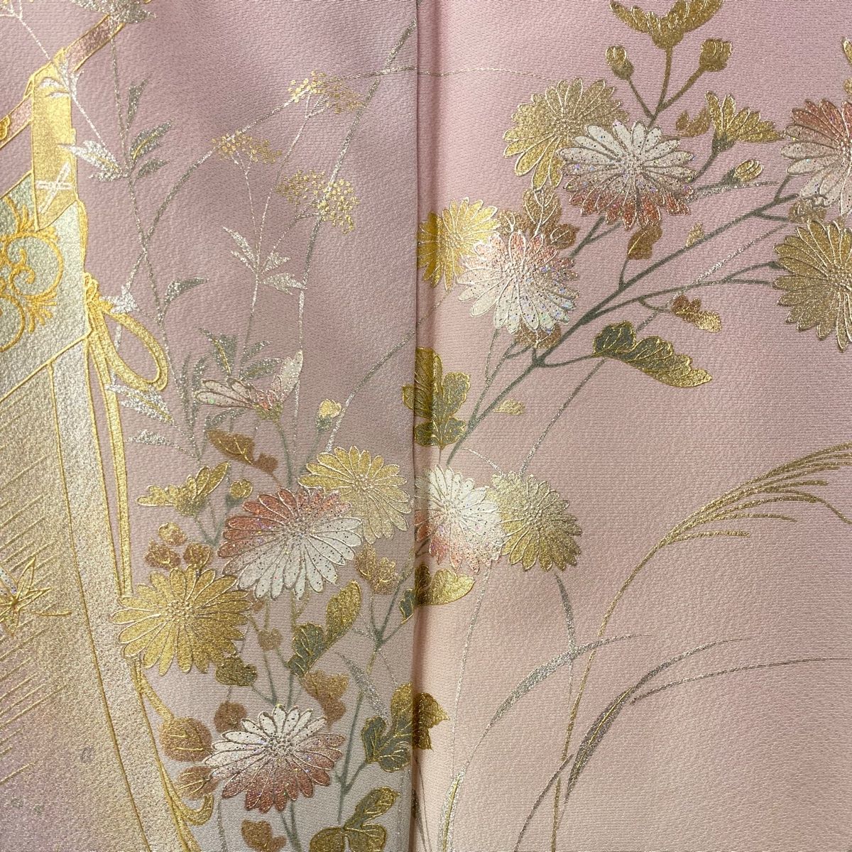 色留袖 身丈156cm 裄丈65cm M 袷 和田光正 落款 几帳 草花 金銀彩 ラメ  