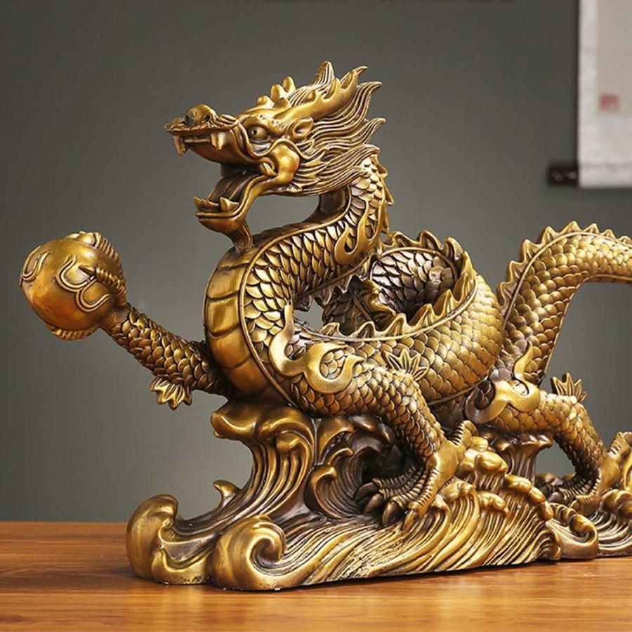 中国　玉石　龍神　如意　飾り台付き 龍神 50cm 宝玉 如意宝珠 宝 玉 銅 金 風水 5本爪 置物 開運