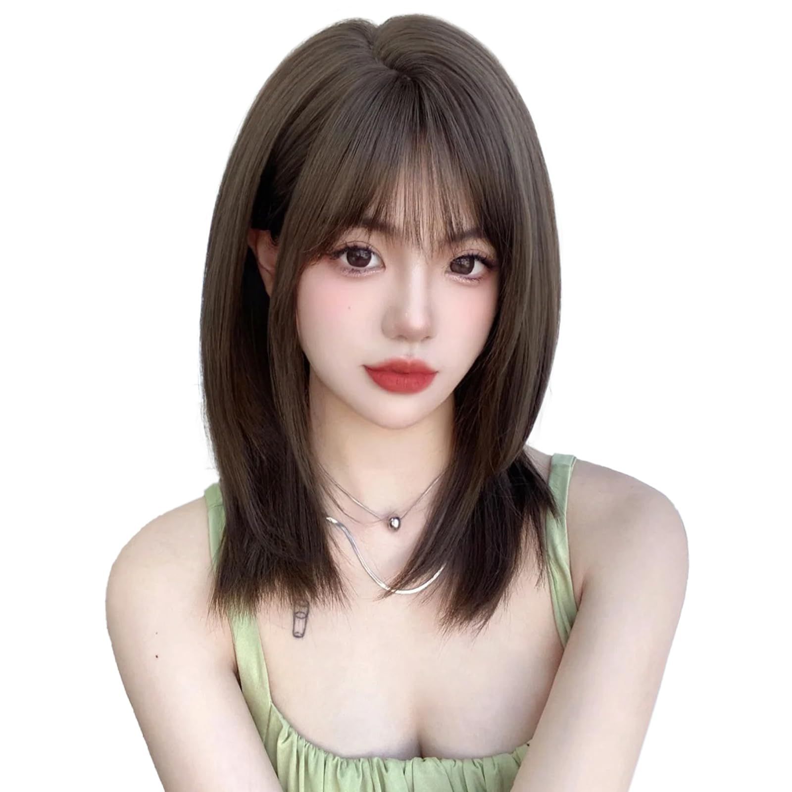 大人気　小顔 可愛い wig 女性 黒髪 耐熱 ウィッグ ウィッグ 人気 女装 かつら レディース ぱっつん 自然 レイヤー セミロング ネット/櫛付き フルウィッグ カツラ ストレート アッシュブラウ