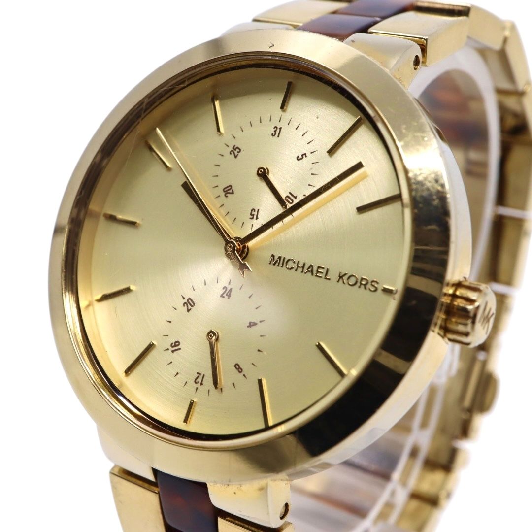 電池交換済 クリーニング済 マイケルコース MICHAEL KORS 腕時計 MK-6471 レディースウォッチ クォーツ ゴールド べっ甲柄 ステンレススチール アナログ マルチファンクション エレガント クラシック ドレスウォッチ 稼働品 G3