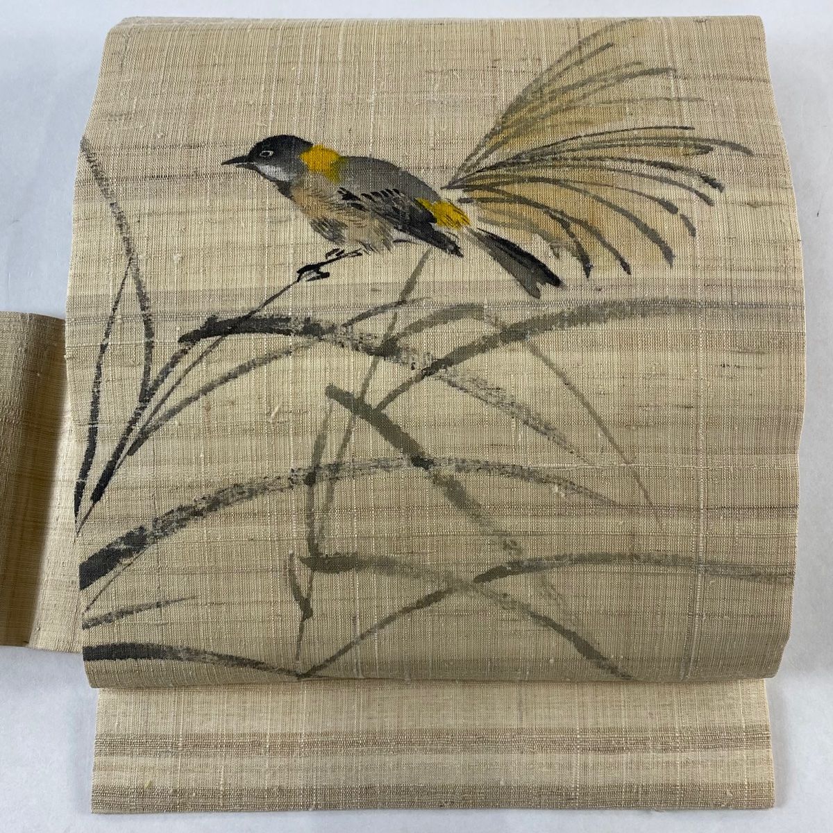 名古屋帯 名品 夏帯 鳥 ススキ ベージュ 正絹