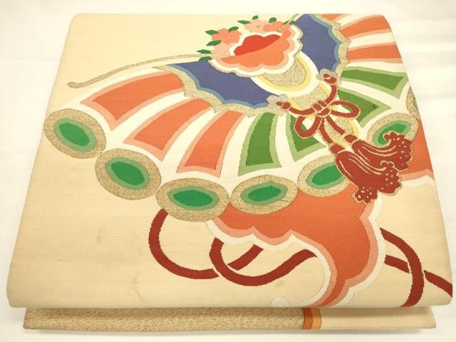 平和屋着物○八寸名古屋帯 紬地 市松吉祥文 金糸 正絹 逸品