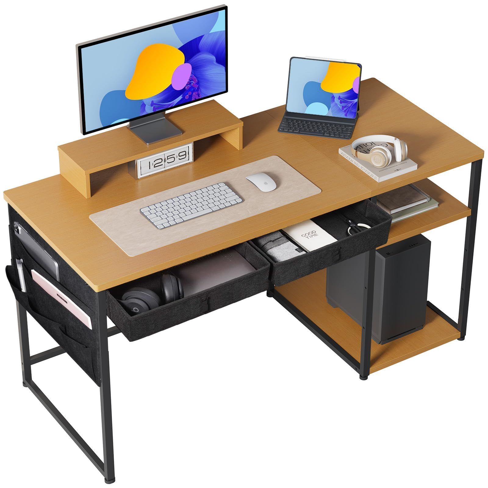 セール，2026 【在庫処分】子 オフィスデスク 学習デスク desk  引き出し2杯付き ゲーミングデスク 3段階モニター台付き 勉強机 シェルフ幅140cm×奥行55cm pcデスク 学習机リモートデスクデスク 机 収納 パソ パソコンデスク