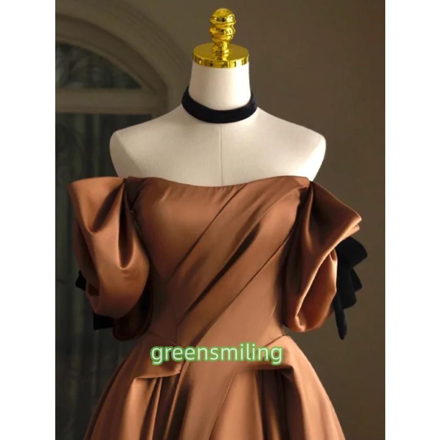 カラードレス 編み上げ ブラウン 半袖 サテン ロングドレス 結婚式 二次会 発表会 演奏会 ウェディングドレス ウエディングドレス 花嫁 前撮り プリンセスドレス カラードレス 編み上げ ブラウン 半袖 サテン ロングドレス 結婚式
