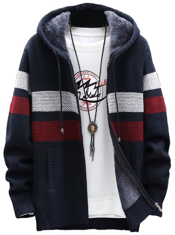 [エンプティオ] フード付き ボーダー ニットジャケット メンズ アウター フルジッパー トップス ニット ジップパーカー パーカー 長袖 ストリート 裏起毛 ジップアップ ニットパーカー ウェ