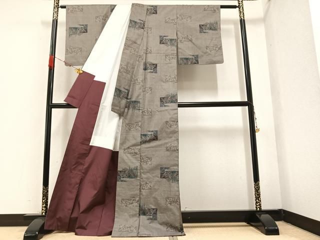 本場大島紬　単衣　９マルキ　風景草花文　正絹 平和屋着物○本場大島紬 カタス9マルキ 色紙草花文 正絹 逸品