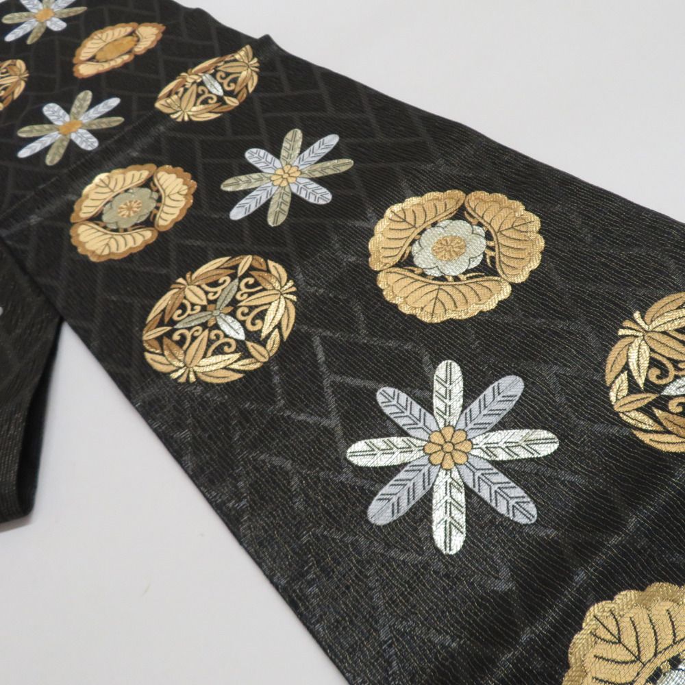 西陣織 袋帯 正絹 じゅらく黄金繭 家紋柄 すくい織り 金糸 六通柄 黒色