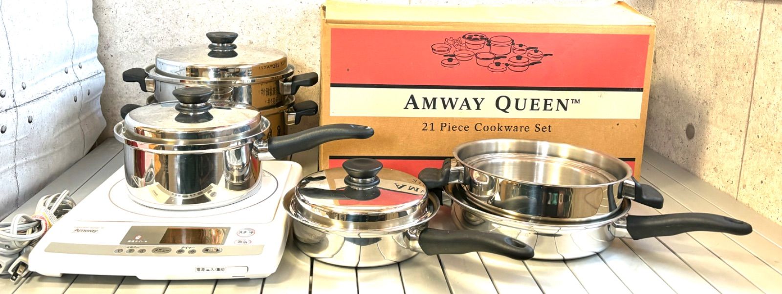 箱入り AMWAY QUEEN 21 Piece Cookware Set アムウェイ クイーン クックウェア ＆動作品電磁調理器 330218J -  メルカリ