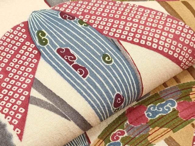 平和屋本店□極上 摺型友禅 京都 多ち花 全通柄 九寸名古屋帯 絞り