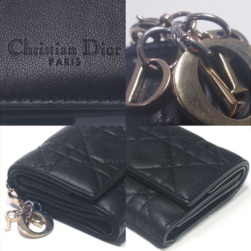 DIOR レディディオール　カナージュロータスウォレット　三つ折り　ブラック Christian Dior ディオール 財布 三つ折り Lady ロータス