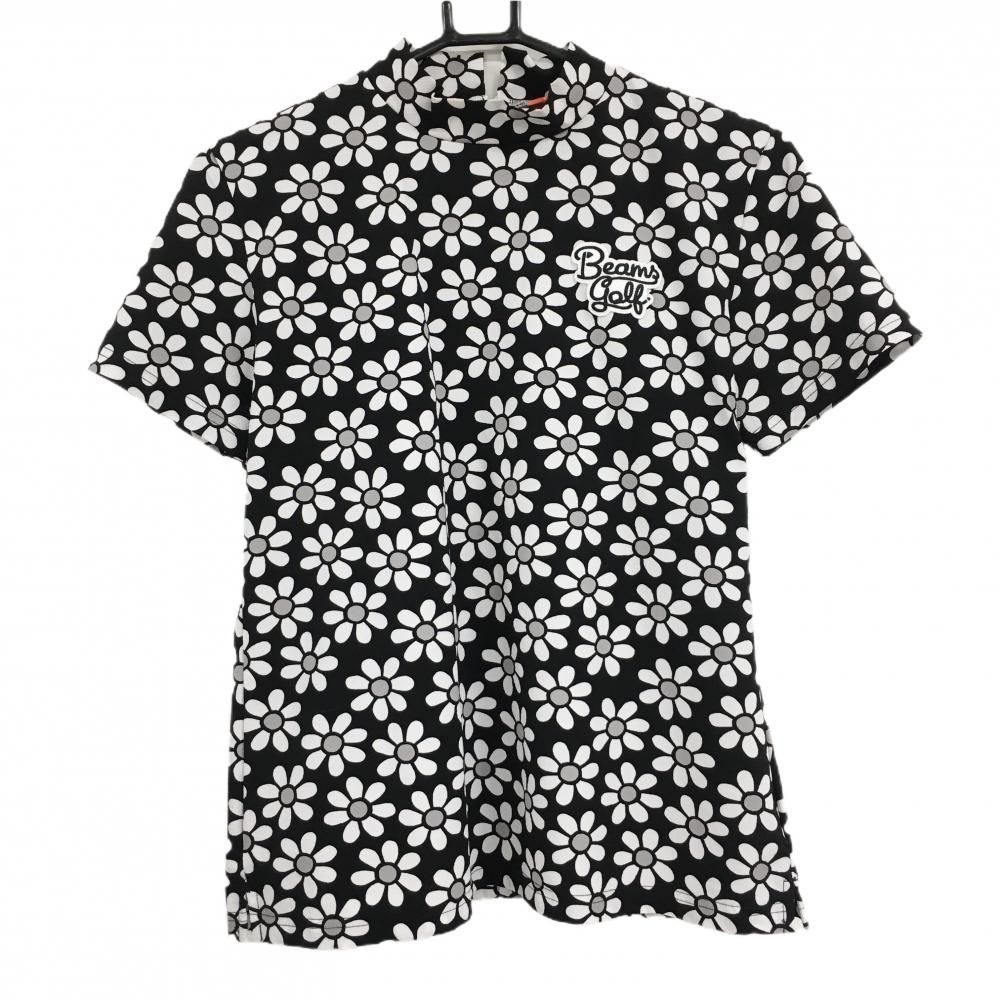 超 ビームスゴルフ 半袖ハイネックシャツ 黒×白 花柄 ロゴワッペン ネックジップ レディース L ゴルフウェア BEAMS GOLF