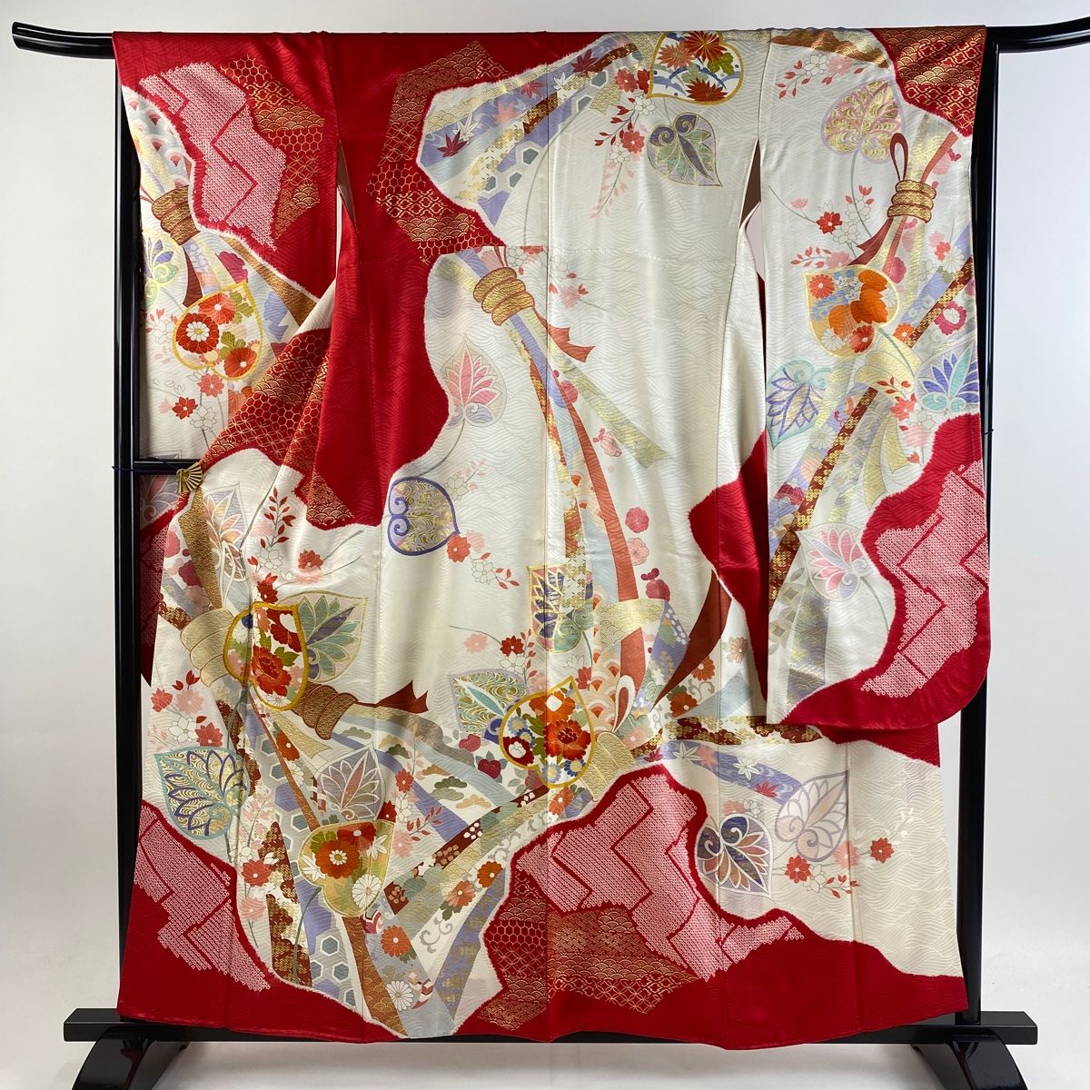 振袖 身丈159cm 裄丈64.5cm M 袷 束ね熨斗 草花 金糸 絞り 濃ピンク 