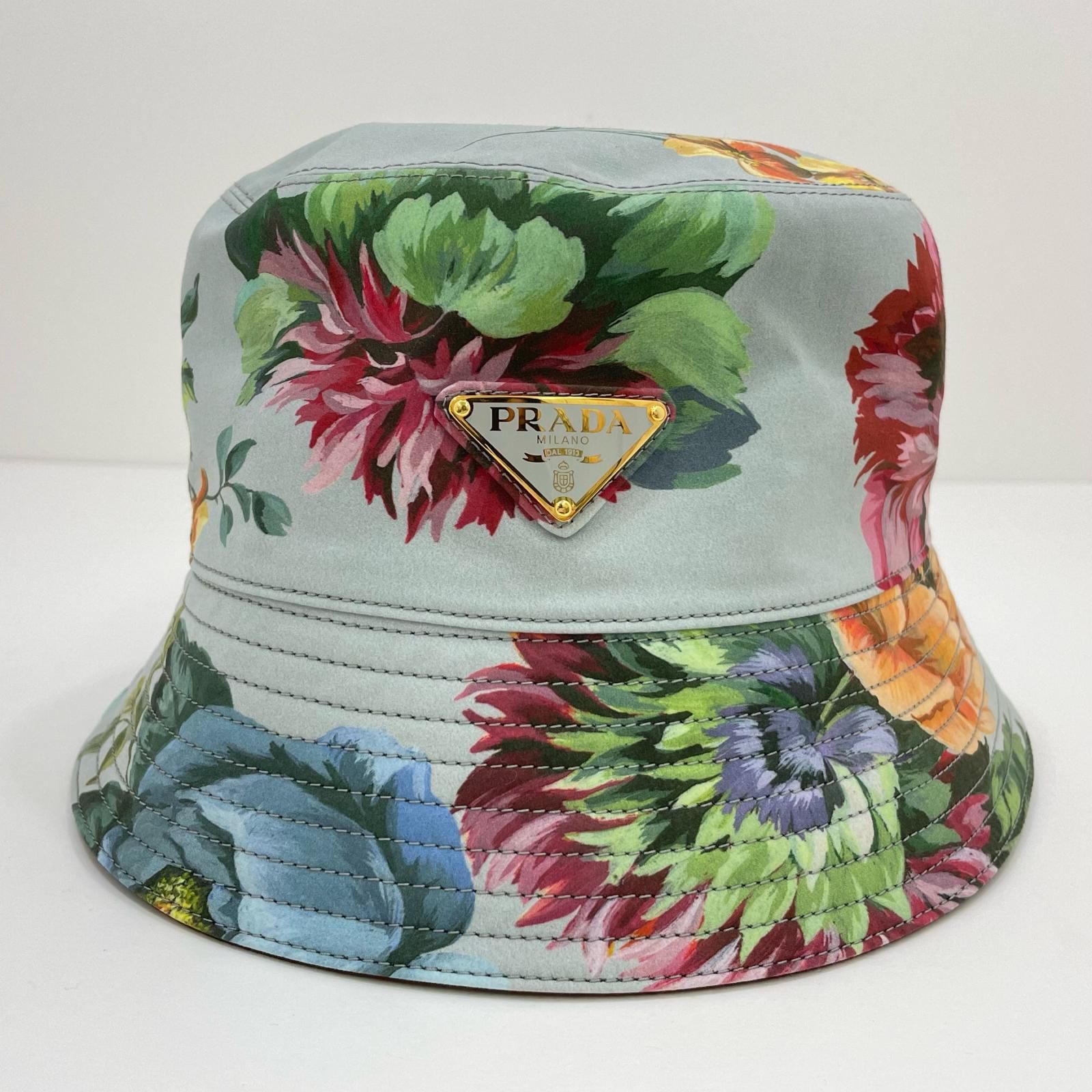 美品　プラダ　バケットハット　花柄　プリント　リボン　裏地シルク混　ゴム付　M 美品 プラダ バケットハット 花柄 プリント リボン 裏地シルク混