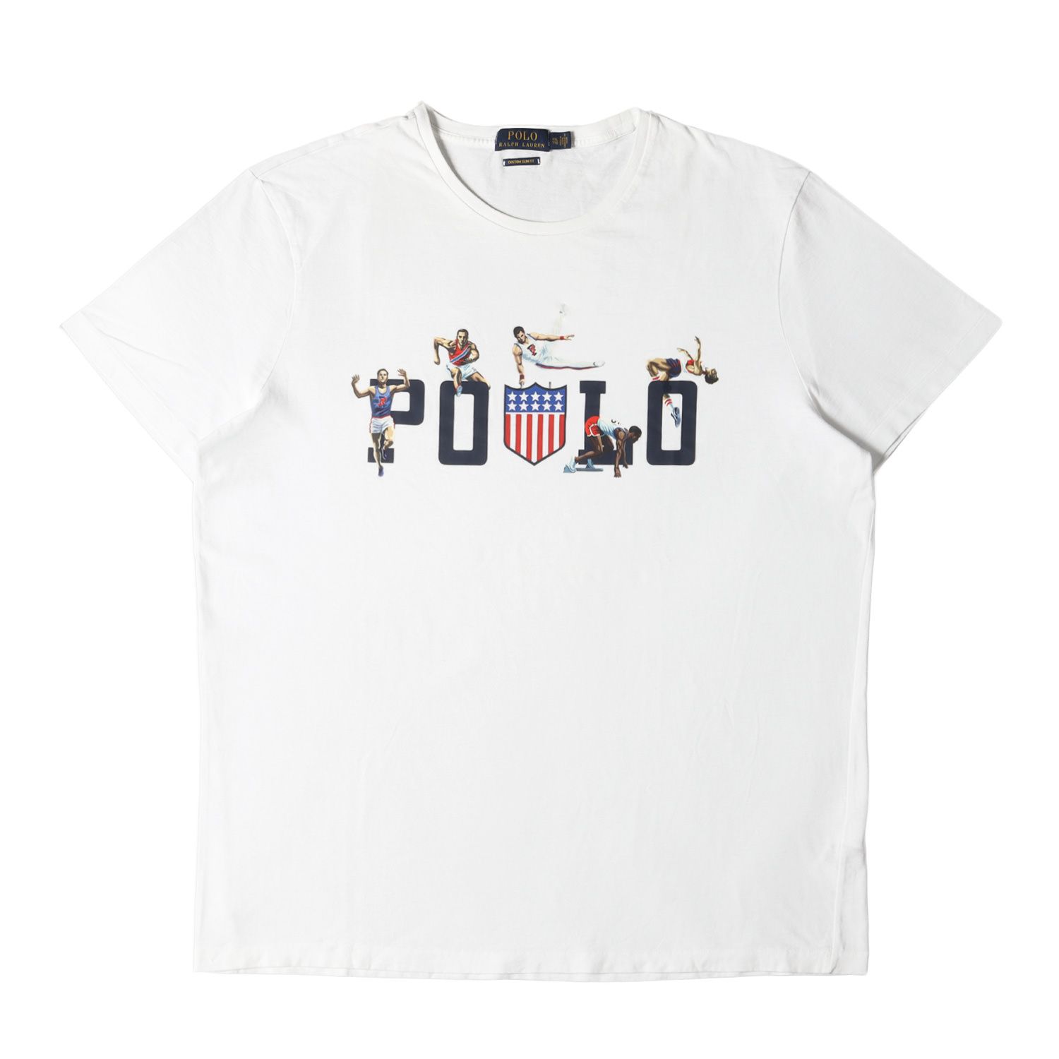美品 POLO Ralph Lauren ポロ ラルフローレン Tシャツ サイズ:XXL オリンピック ロゴ クルーネック 半袖 Tシャツ CUSTOM SLIM FIT ホワイト 白 トップス カットソー アメカジ トラッド ブランド