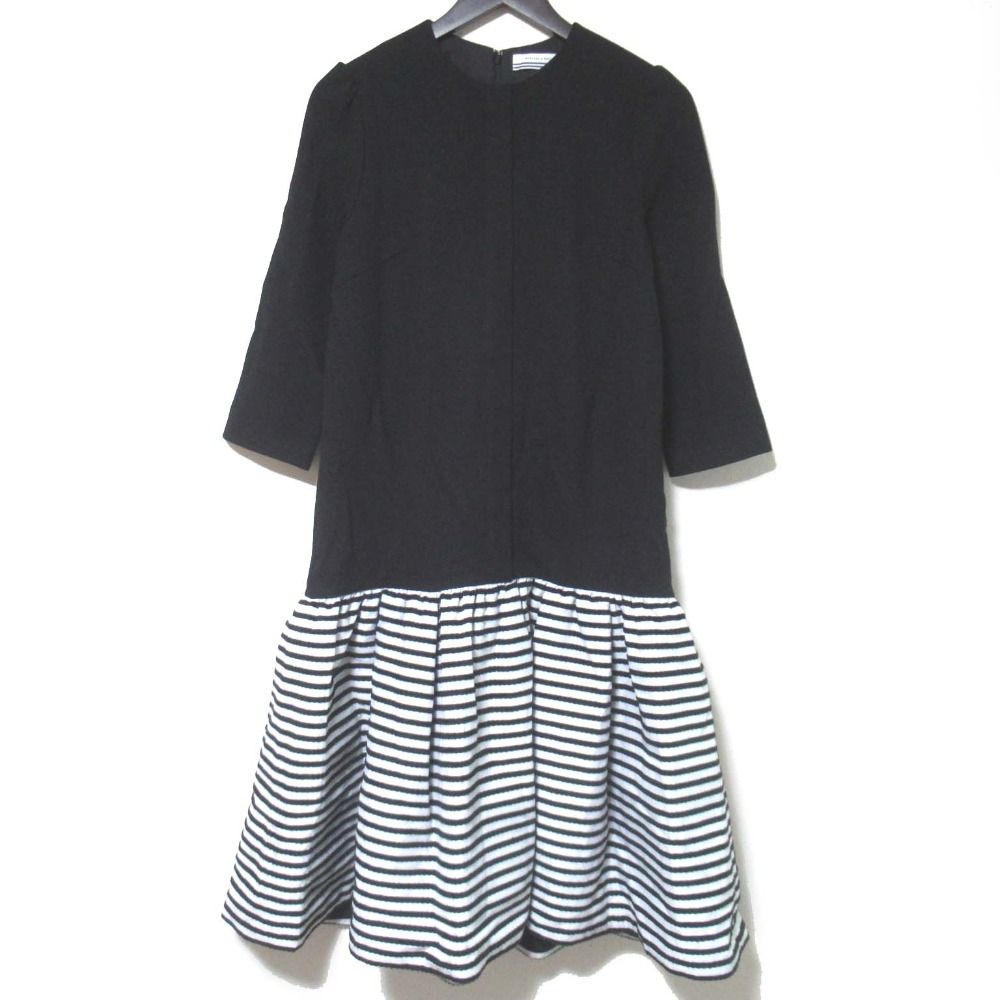 クリーニング済 BORDERS at BALCONY ボーダーズアットバルコニー BORDER WOOL DRESS ドッキング ワンピース 38 ブラック レディース 古着