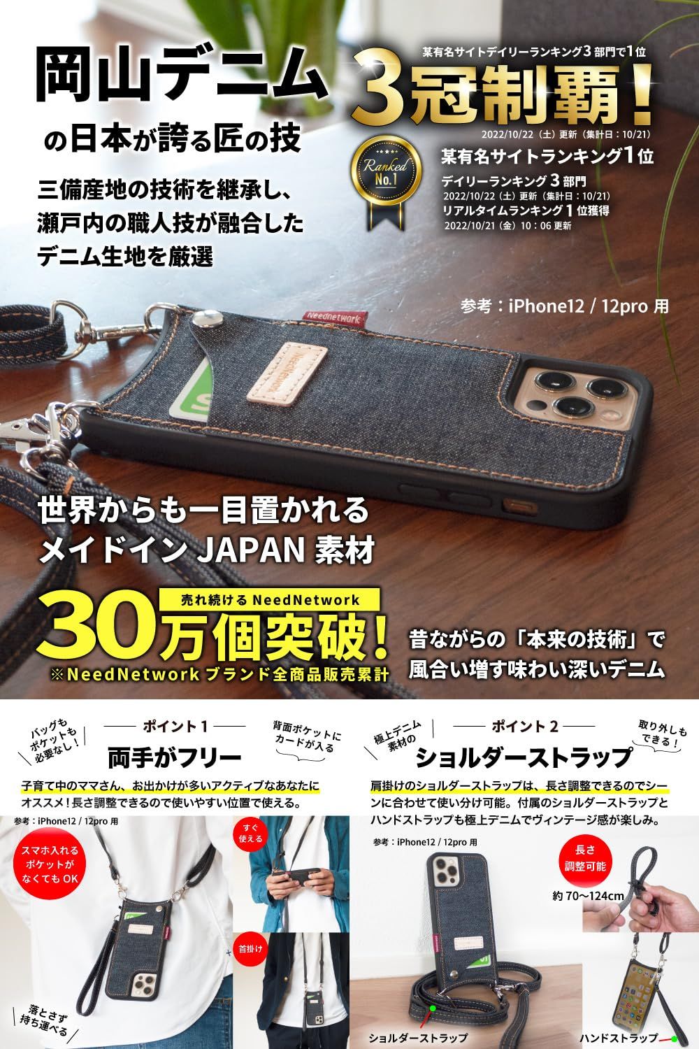 NeedNetwork 岡山デニム iPhone12 ショルダーストラップ 人気商品岡山デニム iPhone12 用 ケース iPhone12 [ニード