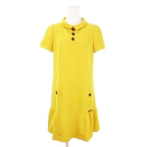 バーバリーブルーレーベル BURBERRY BLUE LABEL ワンピース ミニ 半袖 ラウンドカラー マーメイドシルエット ハニカム生地 38 M 黄 マスタード |AH22 GY18