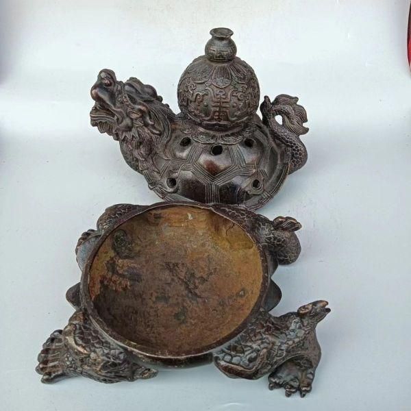 銅器 竜亀薫香炉 茶道具 香道具 工芸品 美術品 置物 銅 細工 金銭