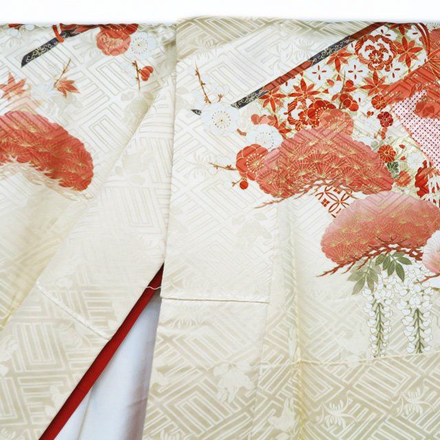 HK✺美品 正絹 銀通し 金駒刺繡 鞠 モノトーン トール 振袖A1712 振袖 着物 中古 金駒刺繍 花模様 桜 菊 牡丹 流水 トール A1205