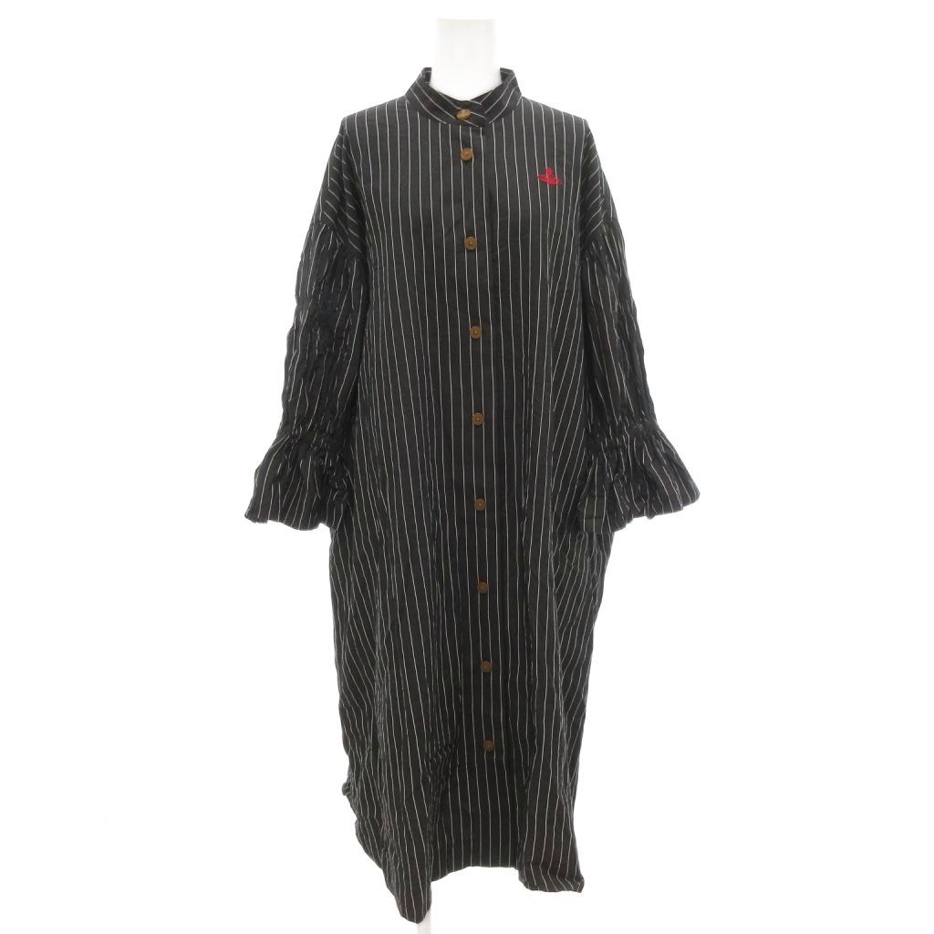 ヴィヴィアンウエストウッドレッドレーベル Vivienne Westwood RED LABEL シャツワンピース ミモレ ロング バンドカラー ビッグシルエット オーブ刺繍 ペンシルストライプ M ダークグレー |UO