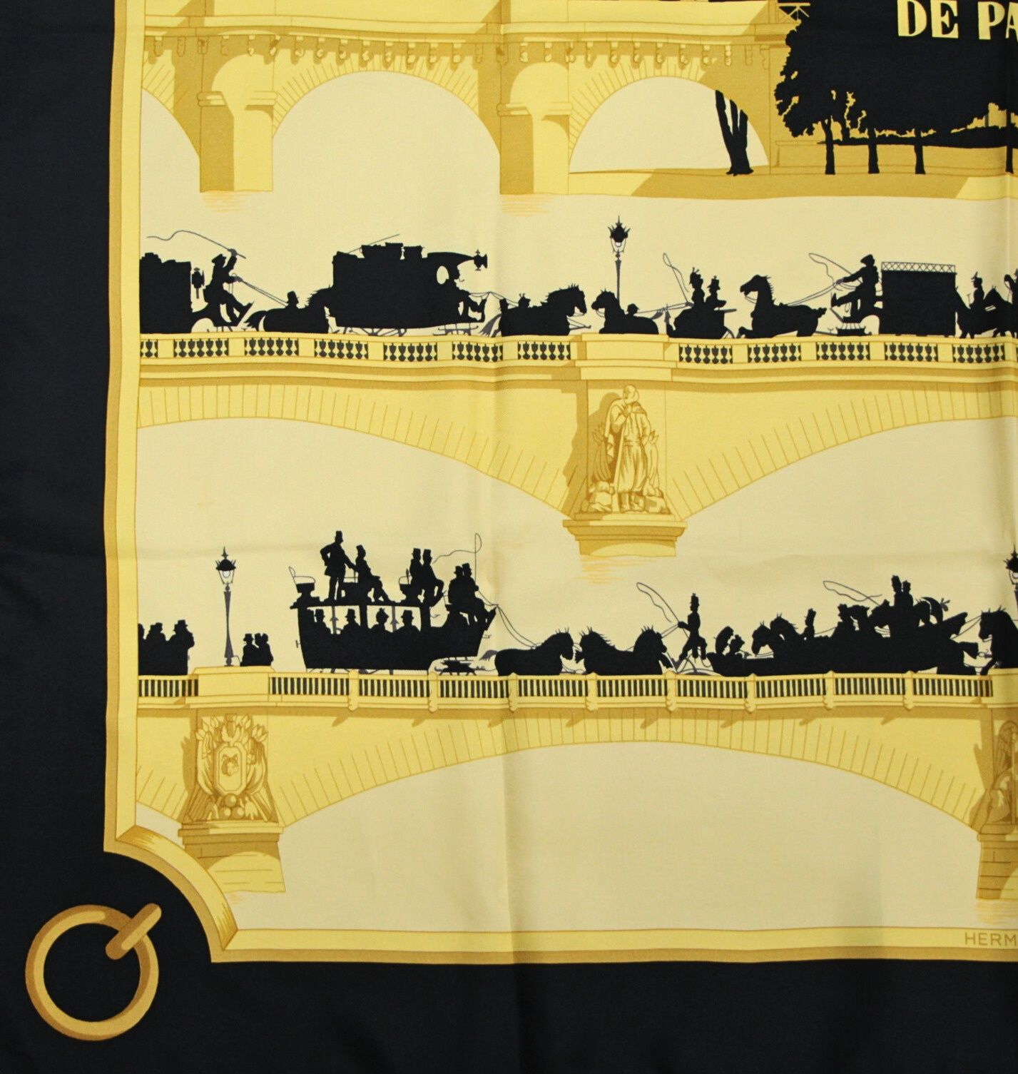 エルメスカレ90 スカーフパリの橋　イエロー×ブラック エルメス HERMES カレ90 大判スカーフ LES PONTS DE PARIS パリ