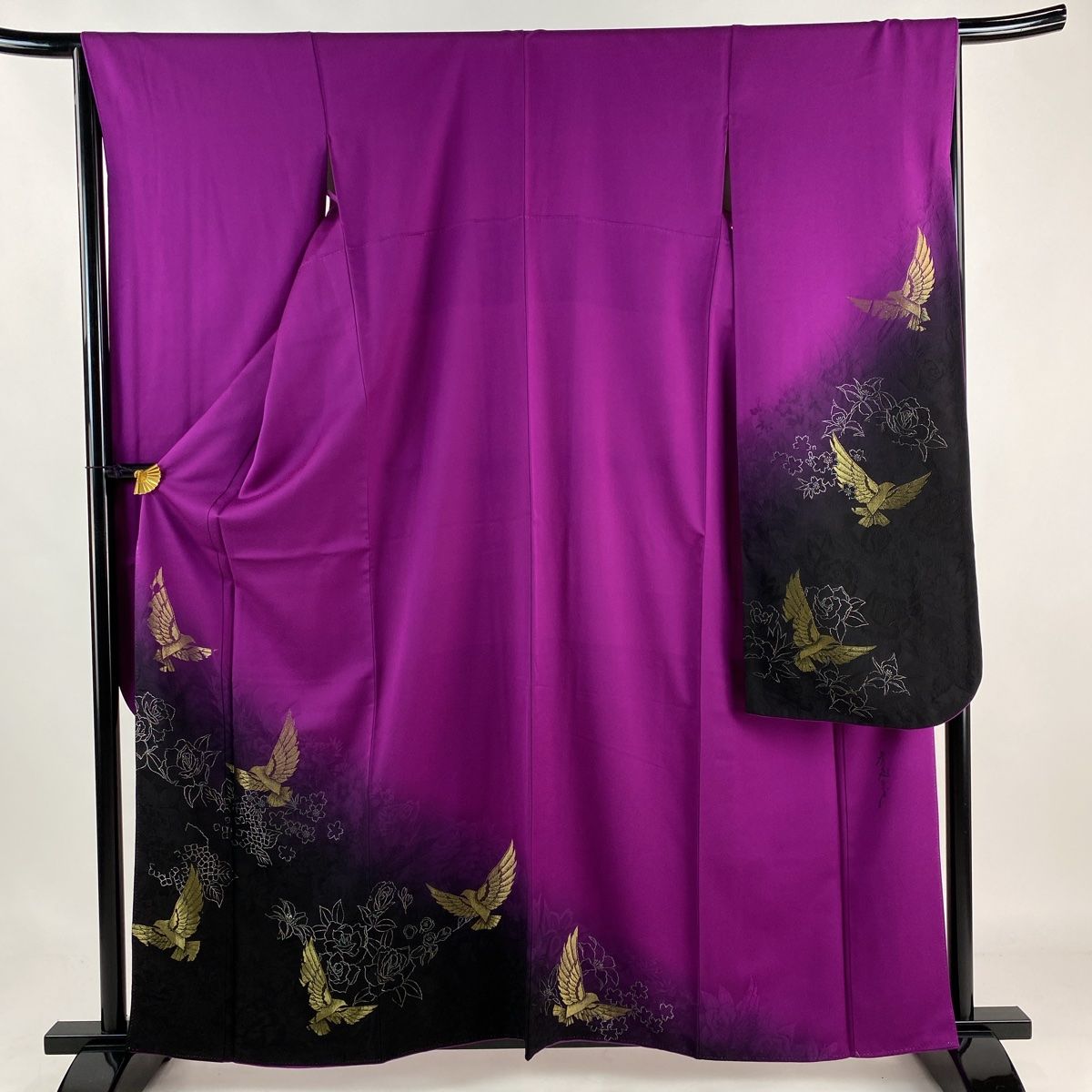 振袖 身丈162cm 裄丈66cm M 袷 斉藤三才 落款 鳥 草花 箔 染め分け 紫 