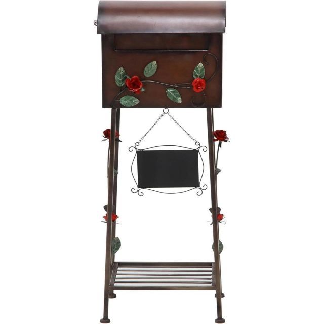 不二貿易 郵便ポスト メールボックス 郵便受け ポスト ローズ ブラウン アンティーク風 棚付き 黒板付き 横型 スチール 96761