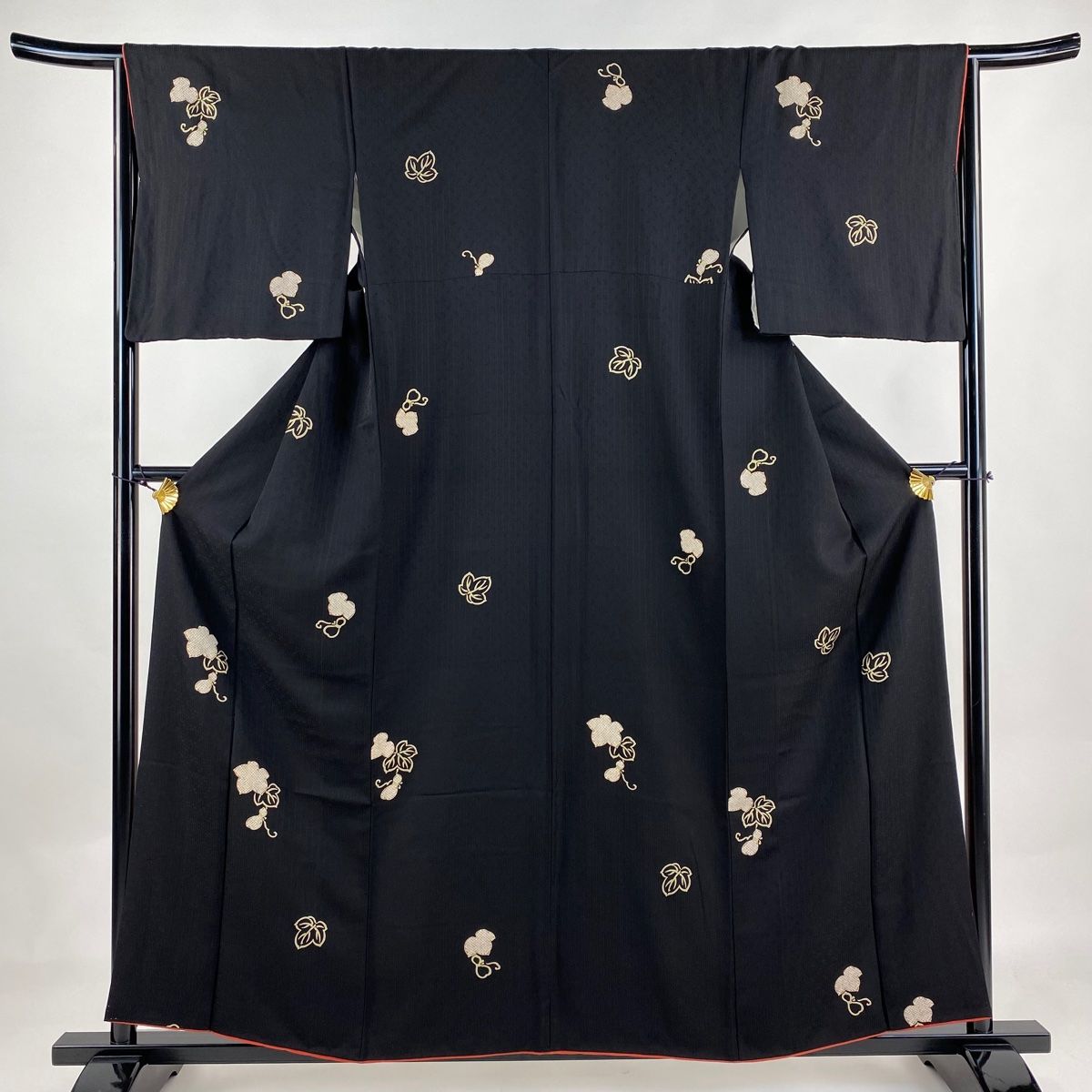 小紋 身丈157cm 裄丈65cm M 袷 瓢箪 地紋 金彩 黒 正絹 美品 名品  