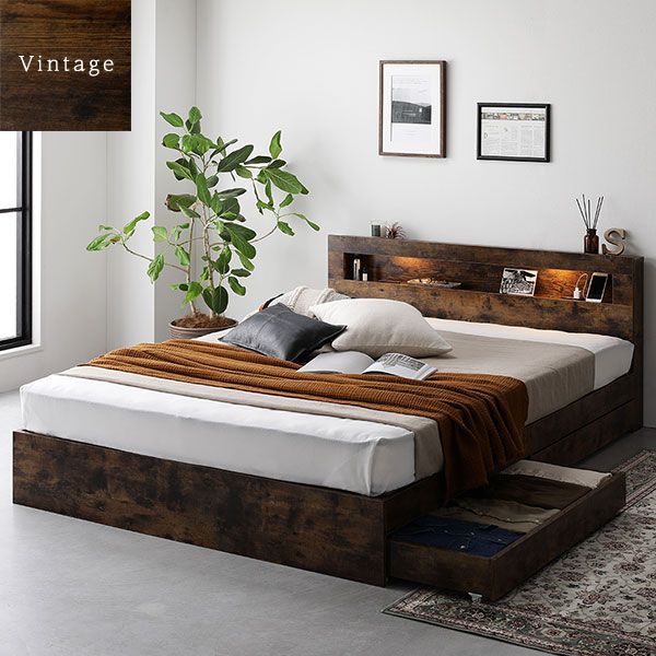 ベッド ダブル ポケットコイルマットレス付き ヴィンテージブラウン フラップ扉 照明付 収納付 棚付 宮付 コンセント付 ベッド ダブル 2層ポケットコイルマットレス付き ヴィンテージブラウン