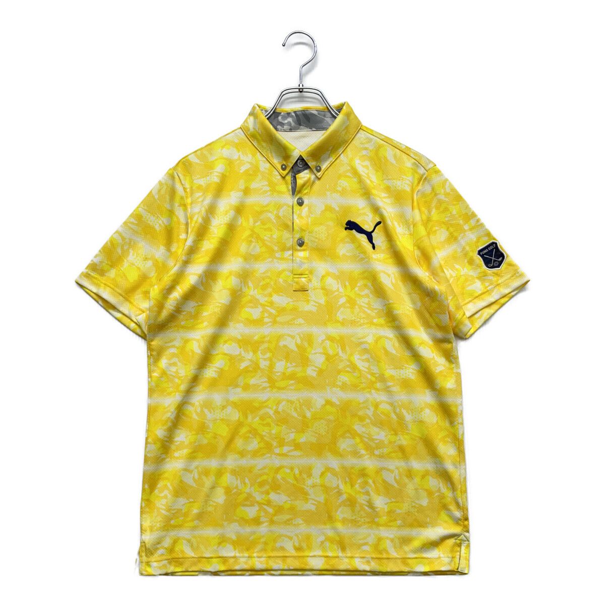 中古 メンズ プーマ PUMA 半袖ポロシャツ L 黄色 イエロー ボタンダウン 総柄