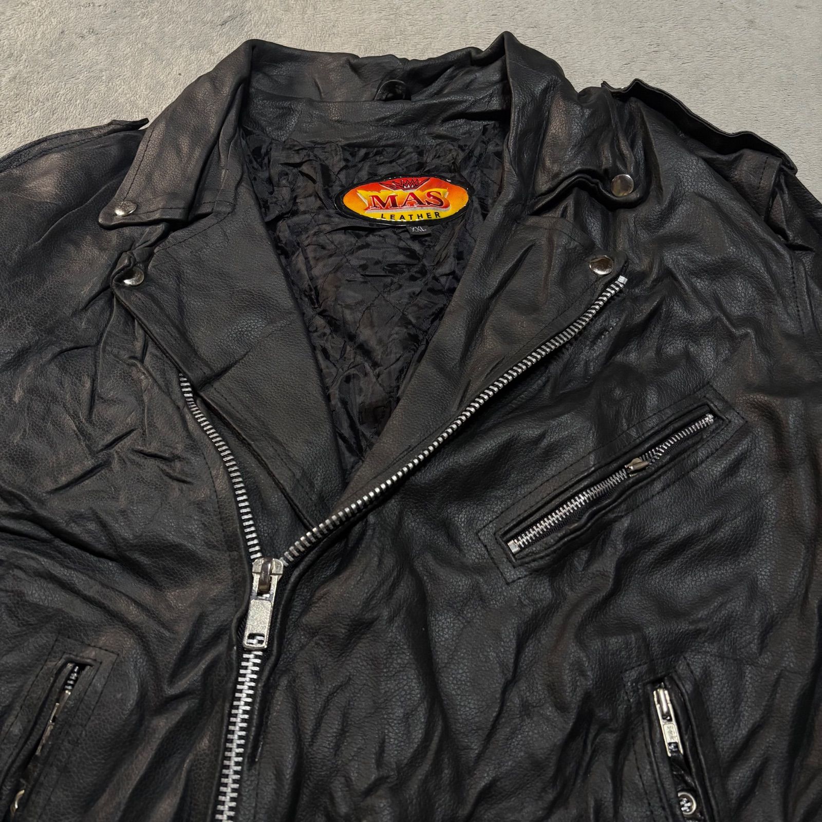 ヴィンテージ DoubleRiderJacket レザージャケット 牛革 黒 S USED】Lace up design super big leather double riders jacket