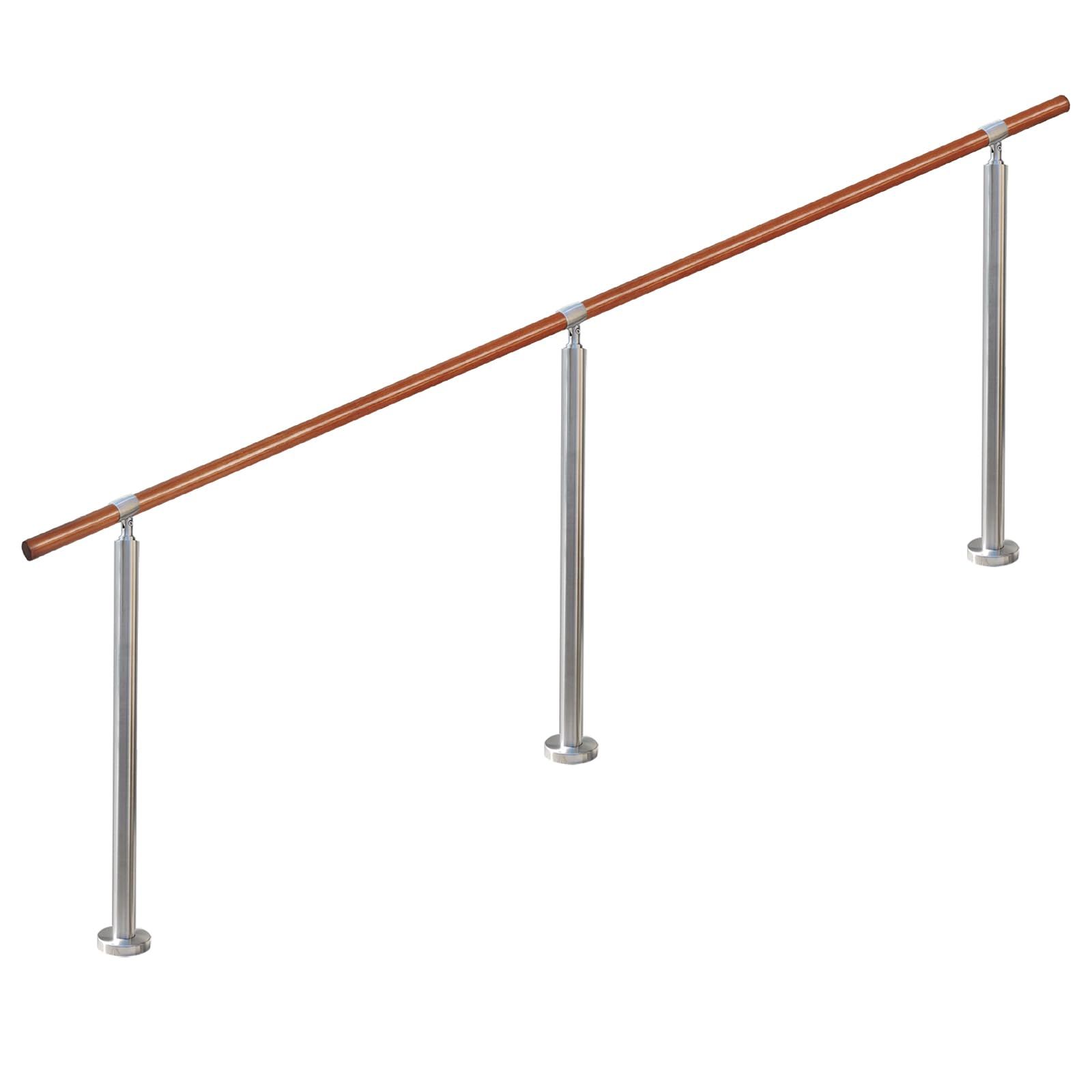 商品 YHEYSMUX 200 cm 屋内 屋外 階段 手すり 茶色 無垢材の手摺り ブナ丸棒 304ステンレス鋼 DIY 玄関 廊下 庭 角度調整 簡単な取り付け 外径35 mm 銀