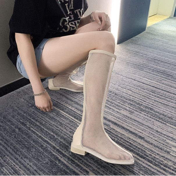 ブーツサンダル ロングブーツ サマーブーツ レースアップ スウェード レディース ハイヒール 美脚 歩きやすい 防滑 涼しい 通気 透け感 カジュアル 厚底 RAMEMO] サンダルブーツ メッシュ 編み上げ レースアップ 騎士ブーツ