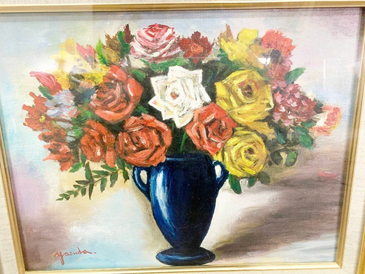 安田雄次郎画 油彩「薔薇」肉筆 花 静物画 油彩画 アンティーク