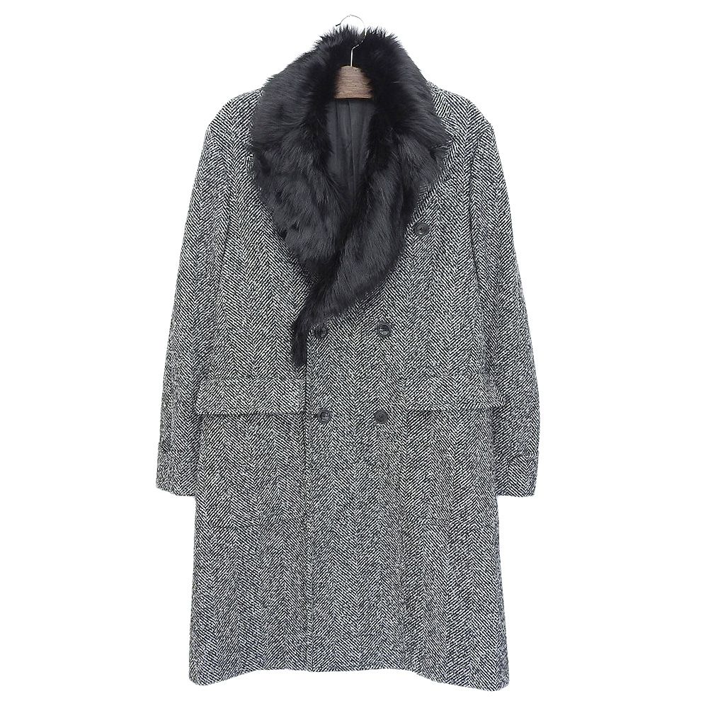 21AW EMPORIO ARMANI エンポリオアルマーニ ヘリンボーンツイード ファー付 ダブルブレスト チェスターコート 52 グレー メンズ 古着