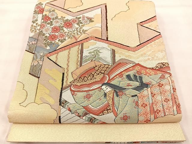 平和屋着物◎太鼓柄袋帯 綴れ 屏風人物花文 正絹 逸品
