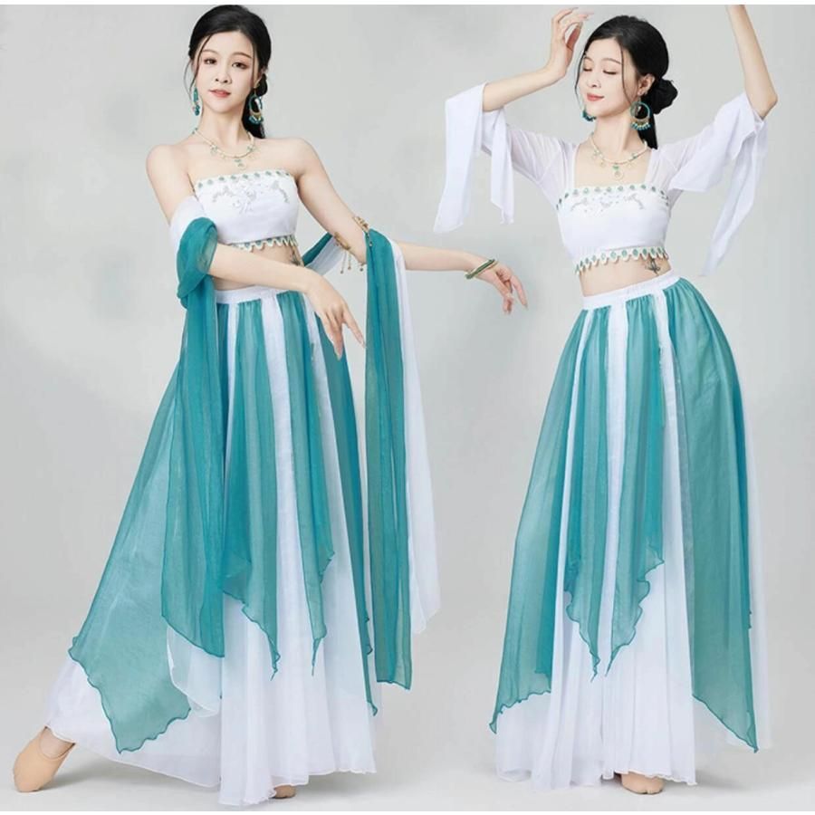 高品質 文化祭 中華 アラビアン 衣装 中華古典舞踊 漢唐 中華宮廷舞踊 西域 敦煌 飛天 チャイナ古典民族ダンス 衣装セット 白＋青 ひらひら 飄々 改良 漢 BJ1003ML03 ハロウィン