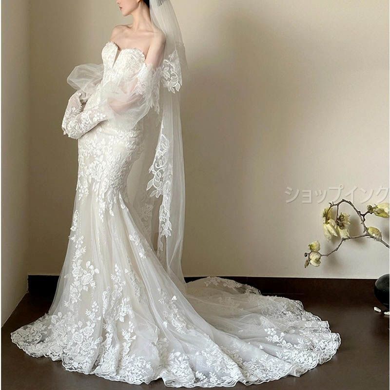 ウェディングドレス ウエディングドレス 二次会 結婚式 前撮り ブライダル ロングドレス 花嫁 レース マーメイドライン フィッシュテール オフショルダー チューブトップ 大人 編み上げ