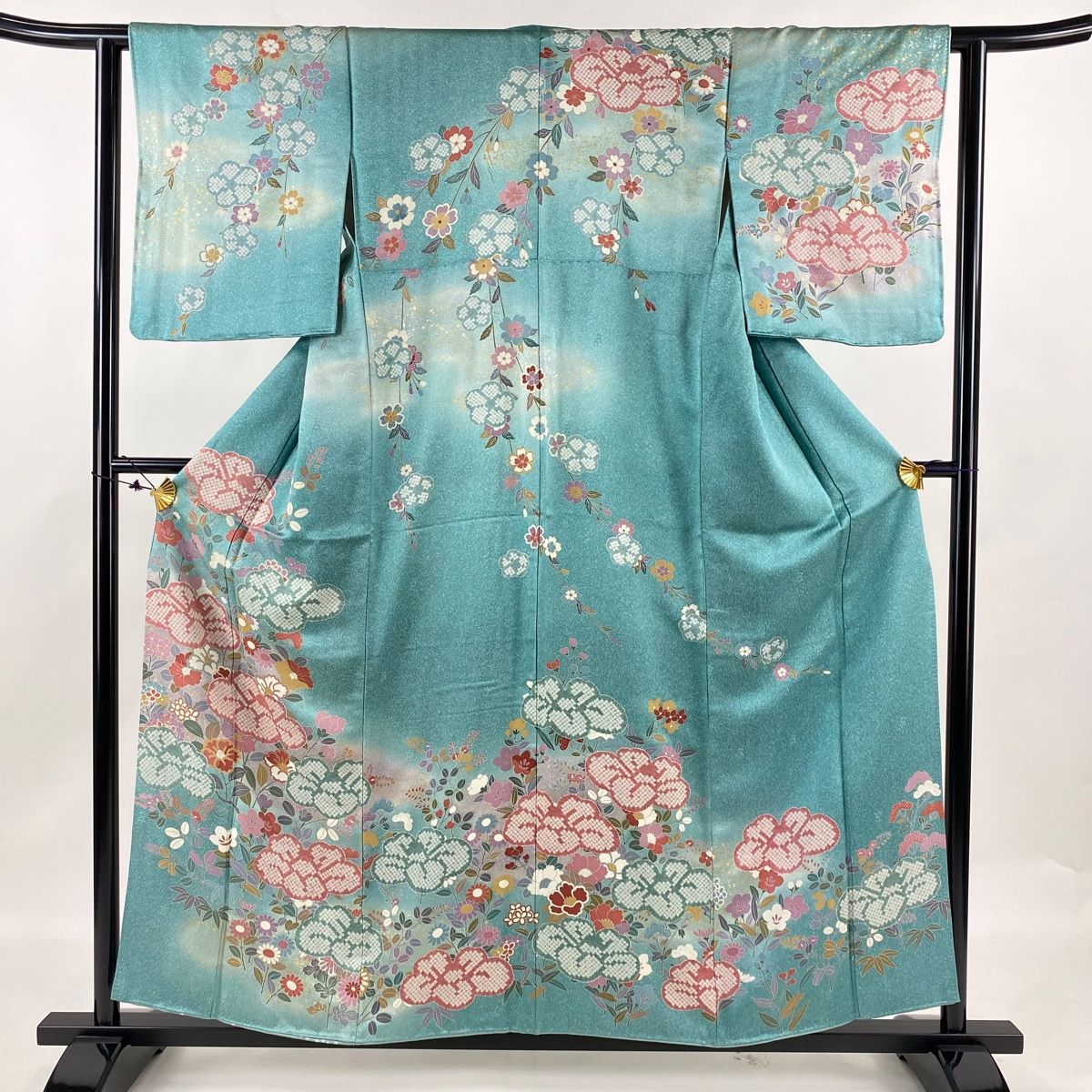 訪問着 身丈156cm 裄丈61.5cm S 袷 草花 椿 金銀彩 絞り 青緑 正絹  