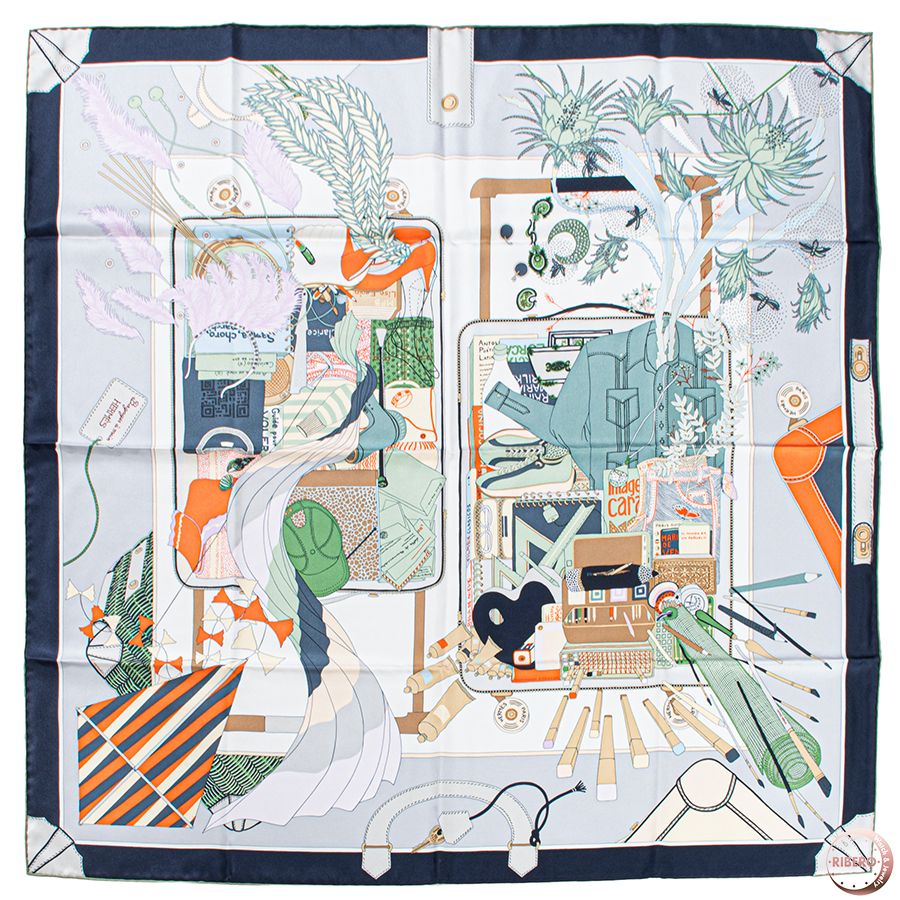 HERMES エルメス カレ90 Bagage a Main バガージュ ア マン 004119S 01 スカーフ カレウォッシュ 2025AW グレー マルチカラー