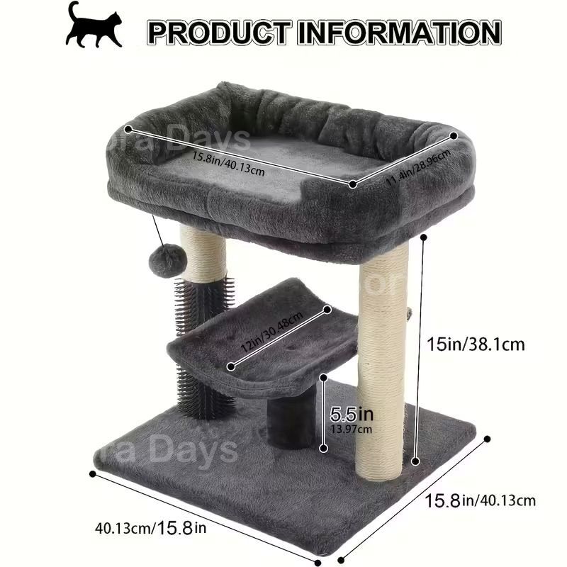 キャットタワー 猫タワー 据え置き ロータイプ ベッド付き シンプル おしゃれ インテリア 北欧 見晴らし台 おもちゃ 爪とぎ 運動不足解消 安定 グレー系 40.13×40.13×38.1cm