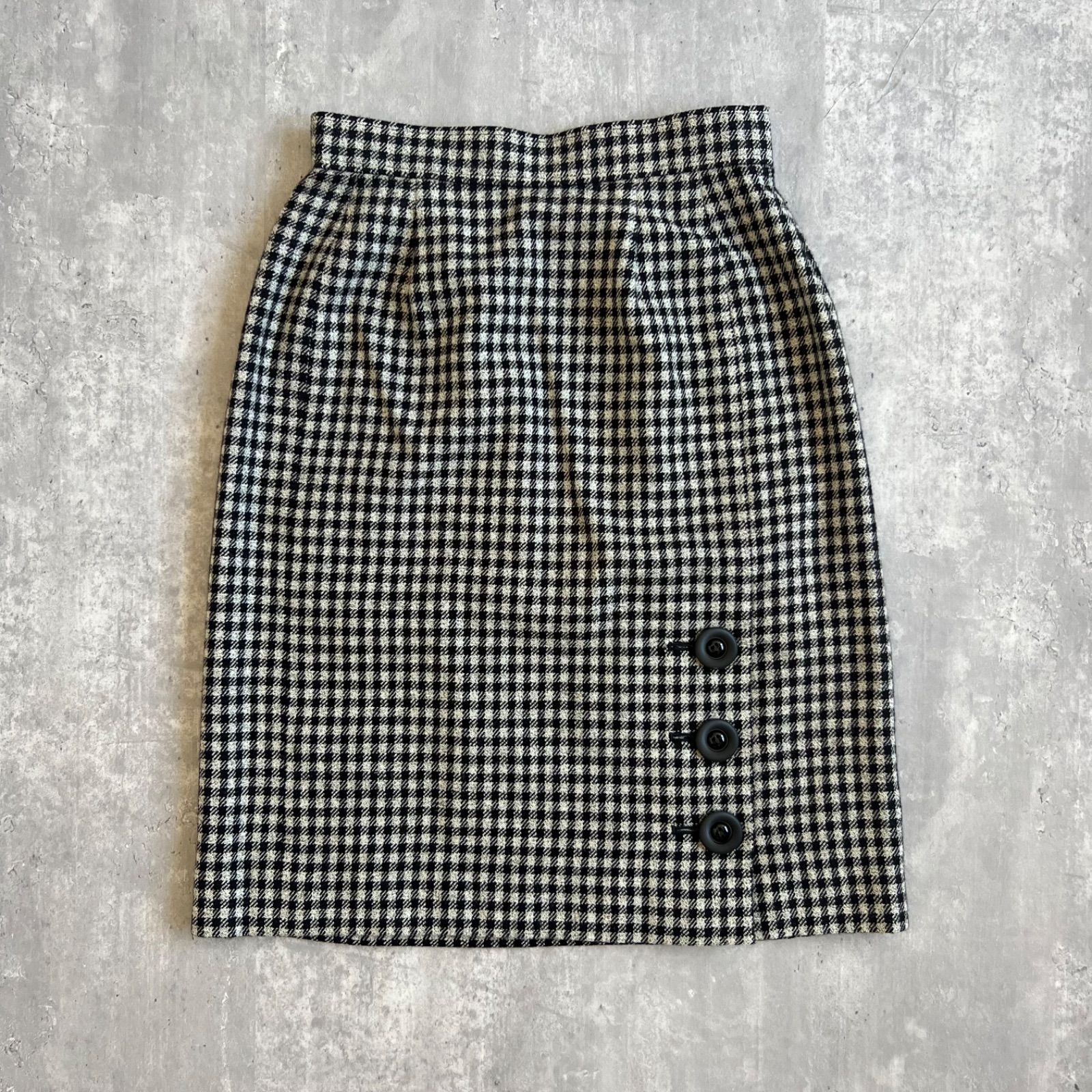 Yves Saint Laurent イヴサンローラン ギンガムチェック ウールスカート ベージュ×ブラック 36サイズ HEA11-812003A3