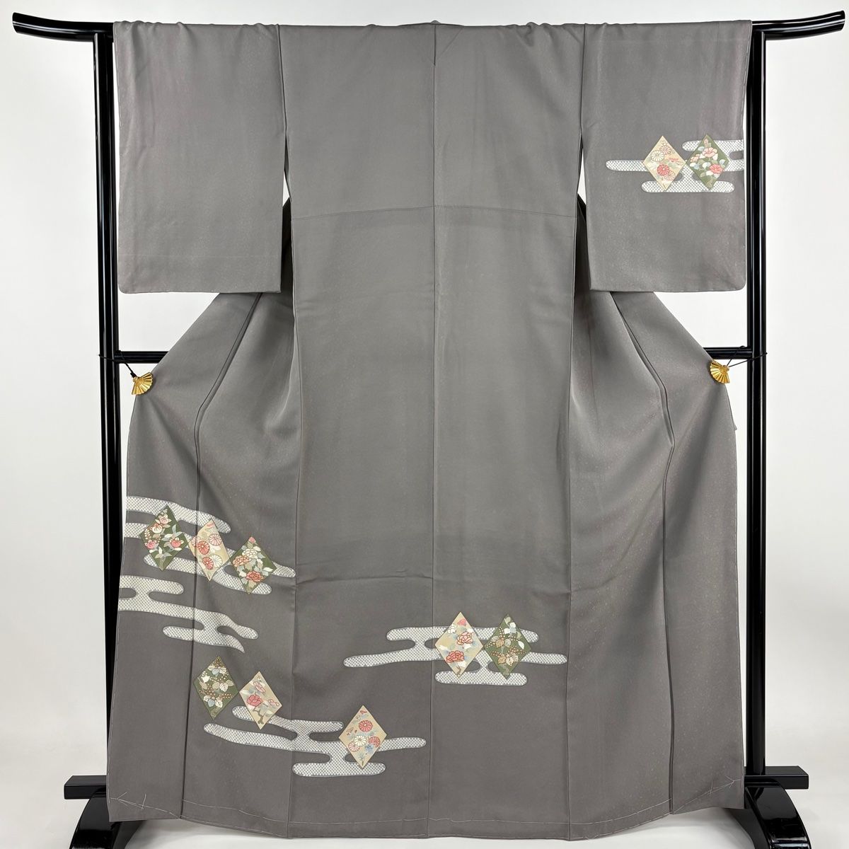 美品 訪問着 身丈166cm 裄丈67.5cm L 袷 熨斗 花 総絞り 黒 正絹 名品