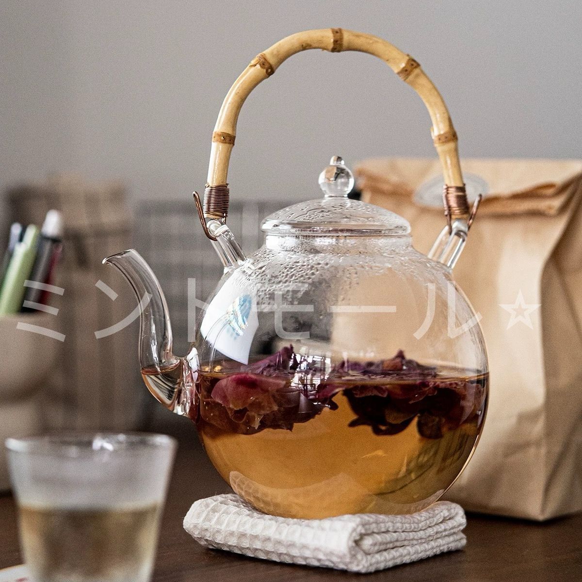 ガラスケトル 真鍮 900ml 耐熱 ガラス ティーポット まんまるポット
