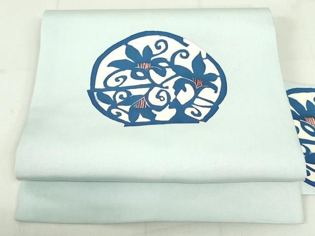 平和屋着物○塩瀬 九寸名古屋帯 手描き 型染め 花唐草丸文 月白色 正絹  