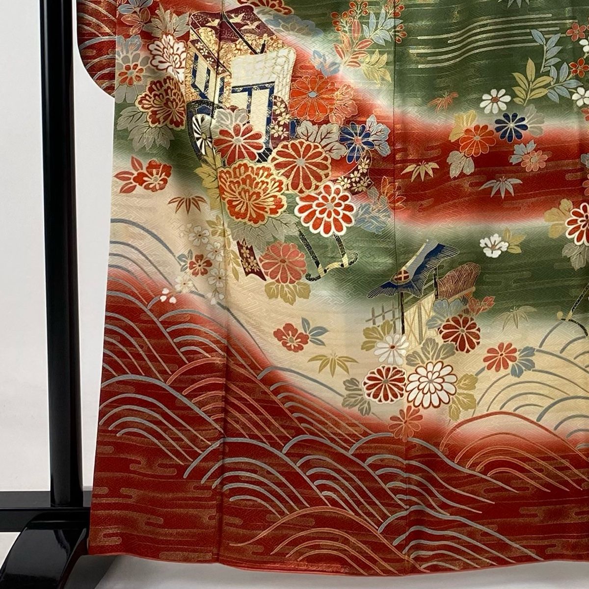 限定SALE開催中☆! 振袖 身丈164cm 裄丈64.5cm M 袷 松竹梅 御所車 金彩 ぼかし 鶯色 正絹 秀品 通常の
