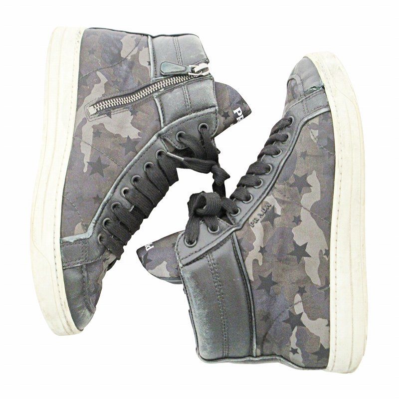 プラダ PRADA スニーカー 迷彩 カモフラ柄 ハイカット レザー 38