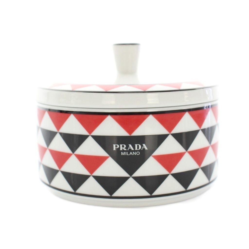 プラダ PRADA ポルタ オッジェッティ PORTA OGGETTI ポーセリングボックス ストレージボックス 小物入れ 陶器 総柄 三角ロゴ 白 ホワイト 赤 レッド OC2026 |YT OH